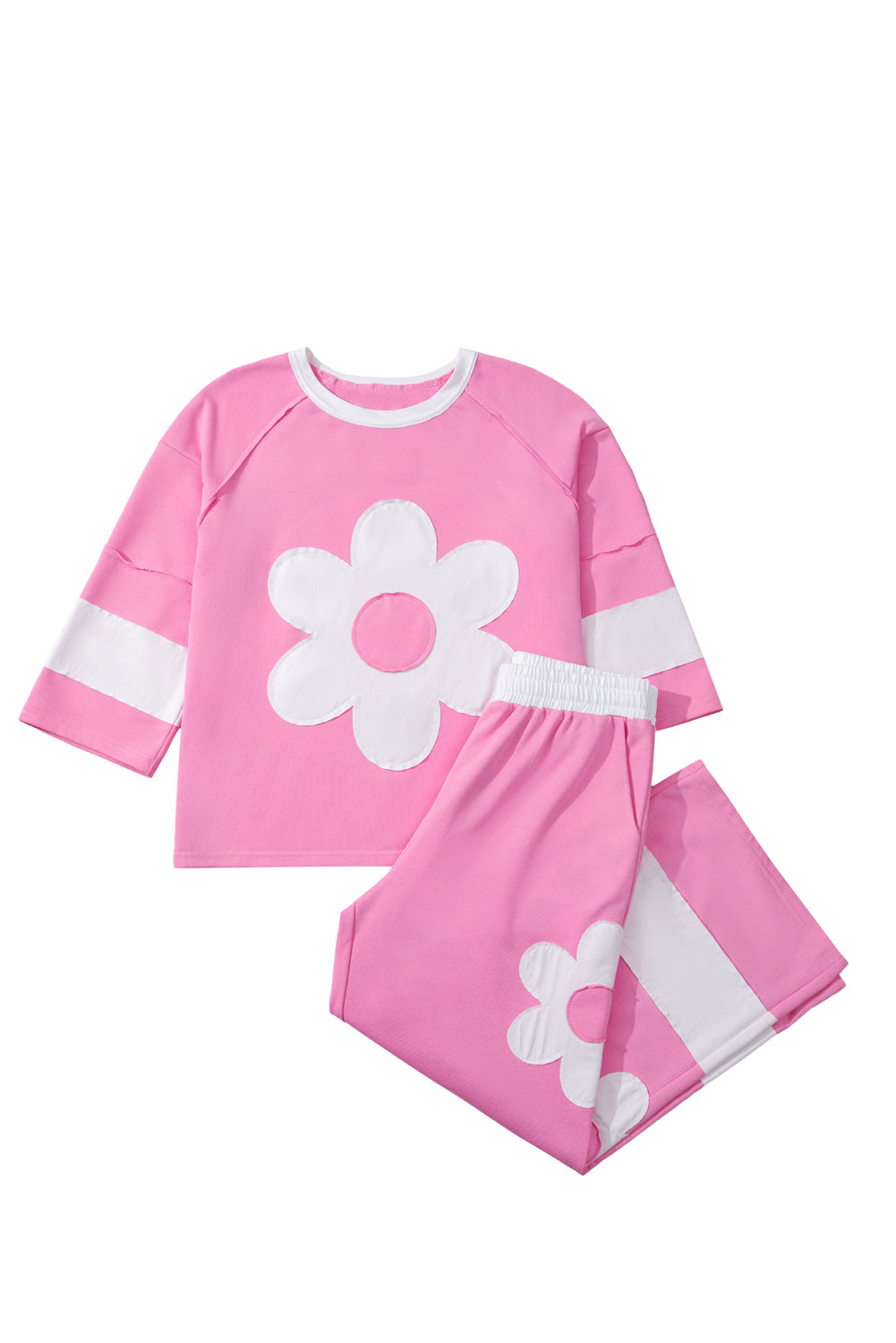 Big Flower Patched Raw Seam 2 Piece Relaxed Trousers Co-ord Set - eAura