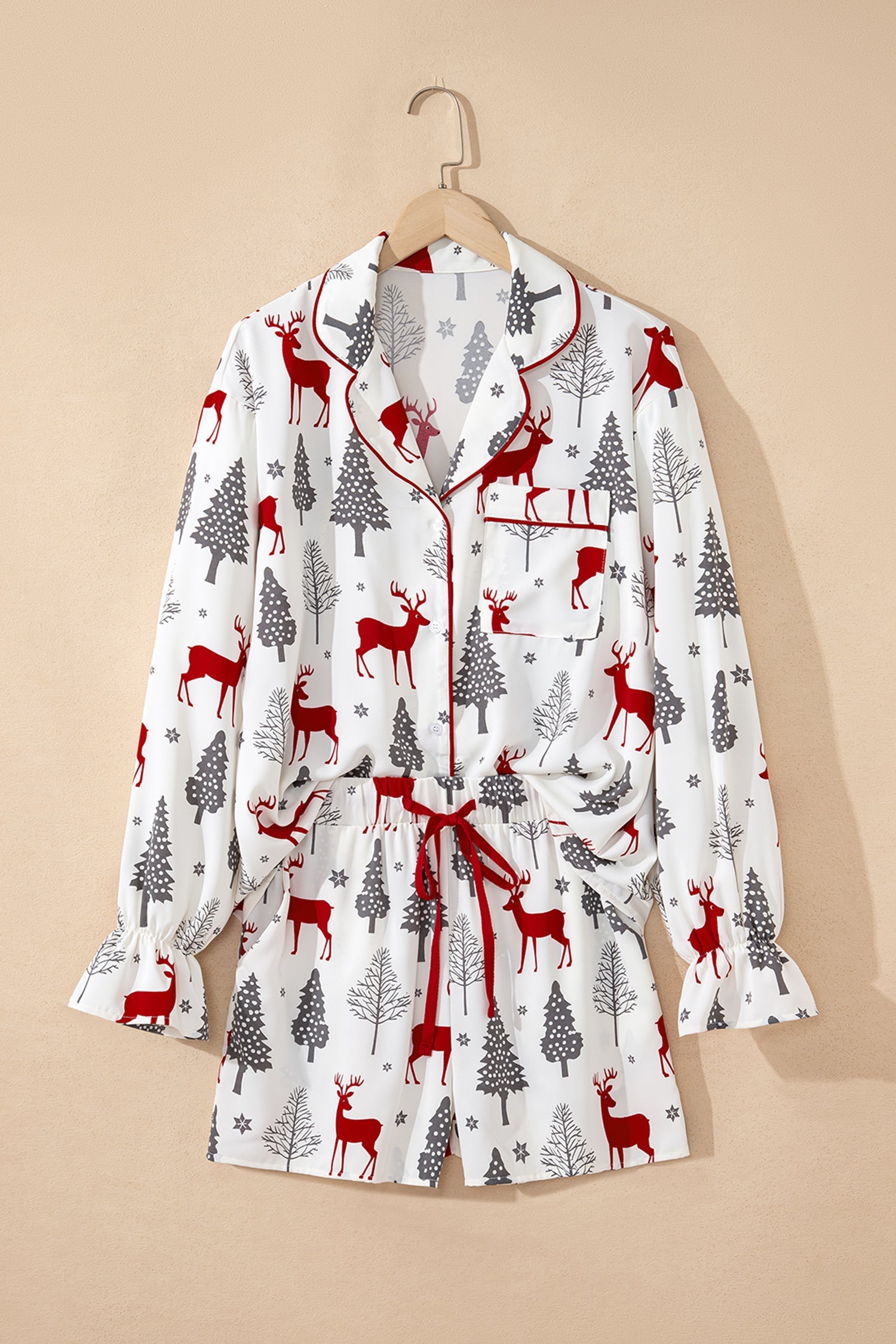 Christmas Print Velvet Trim Bow Knot Pyjama Shorts Set - Loungewear & Sleepwear/Sleepwear