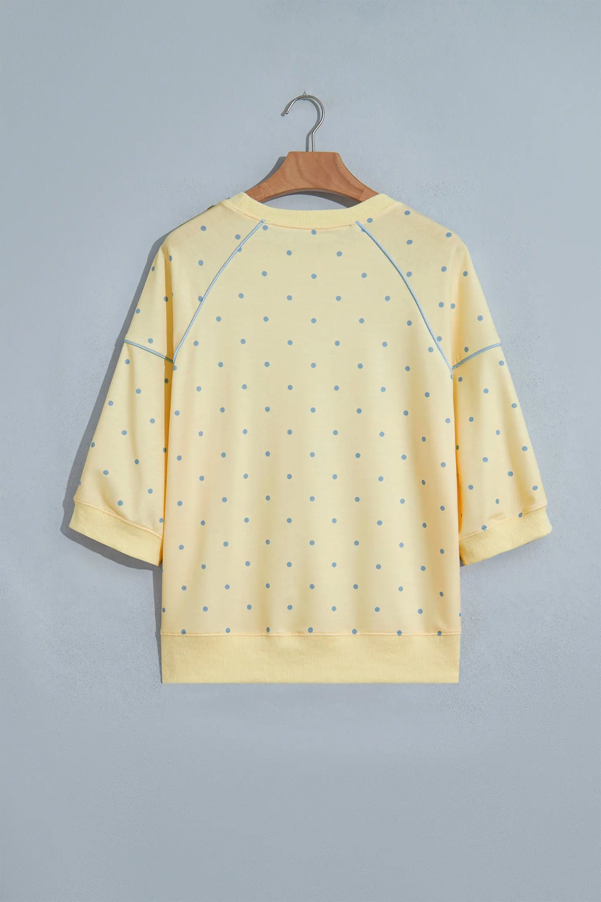 Polka Dot Print Piping Trim 3/4 Sleeve Relaxed Top – Yellow