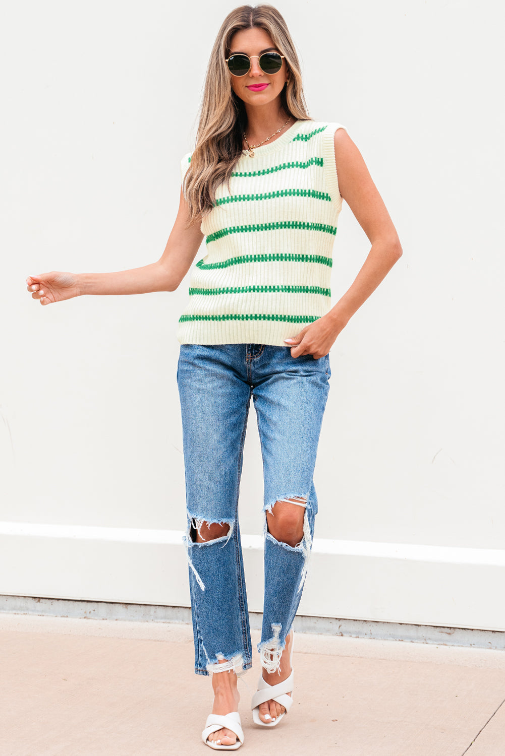 Bright Green Striped Round Neck Casual Sweater Vest eAura