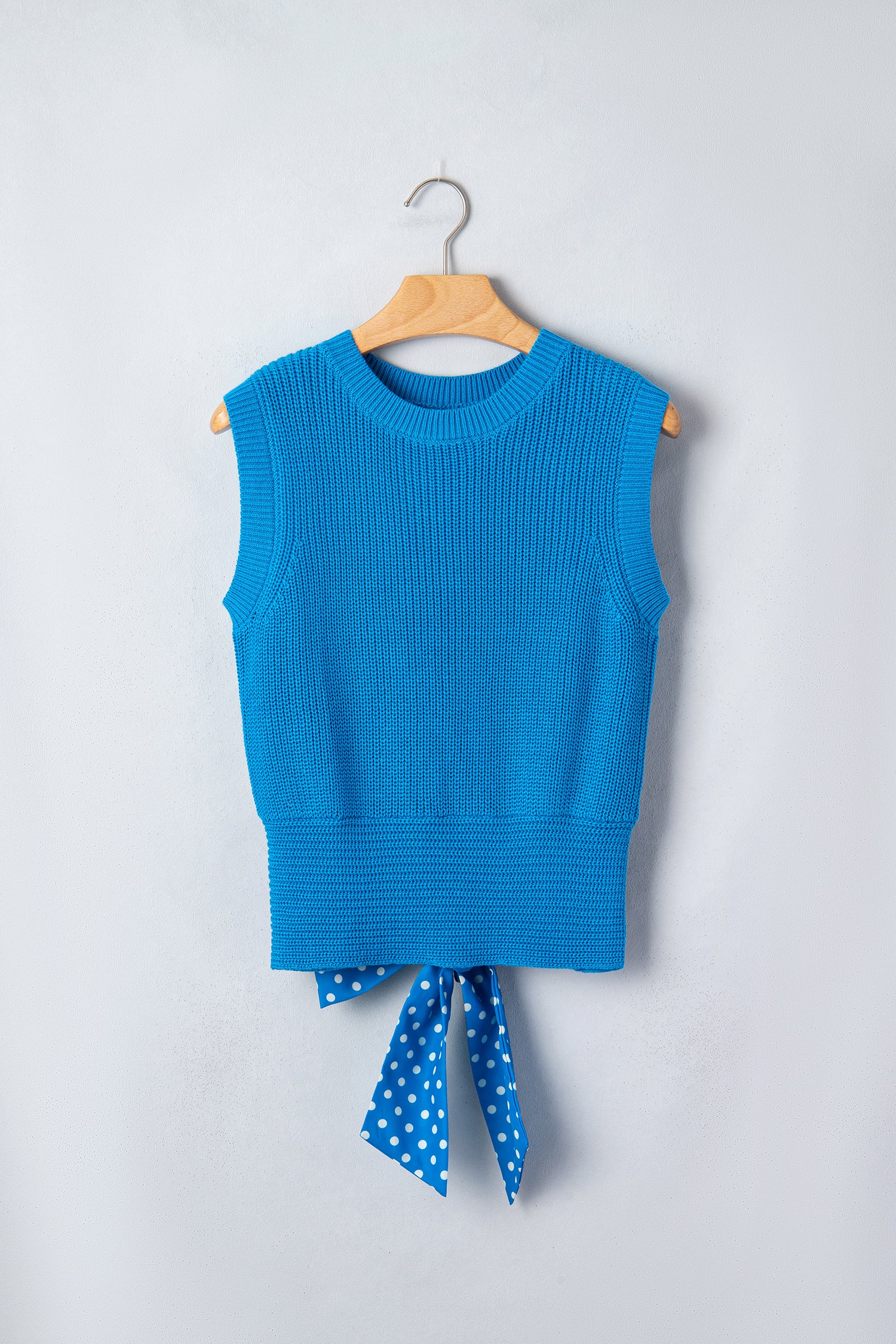 Myosotis Slim Knit Polka Dot Knot Back Cropped Sweater Tank – Blue