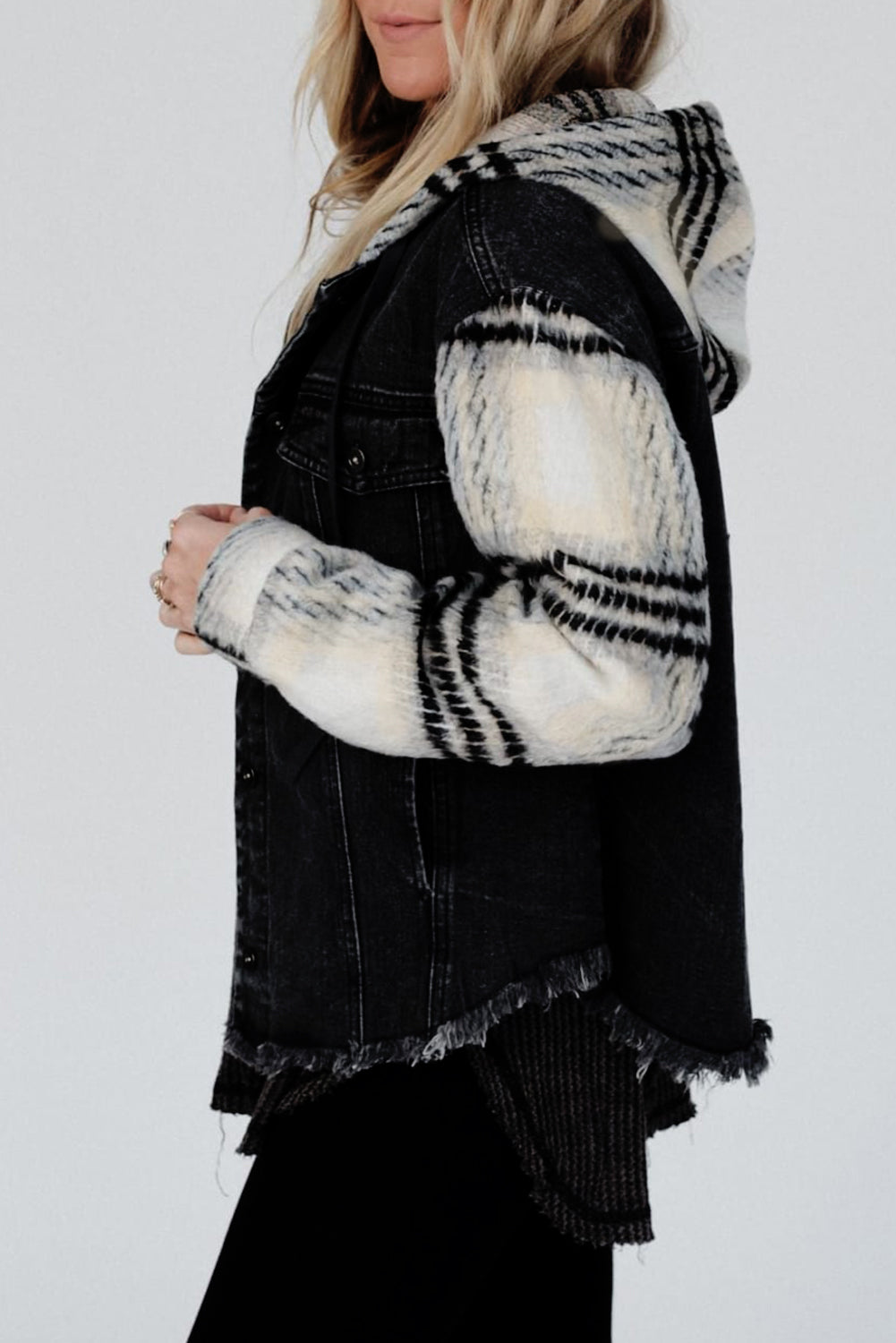 Black Plaid Sleeve Frayed Hem Hooded Denim Jacket Beagle Boutique Fashion Outlet