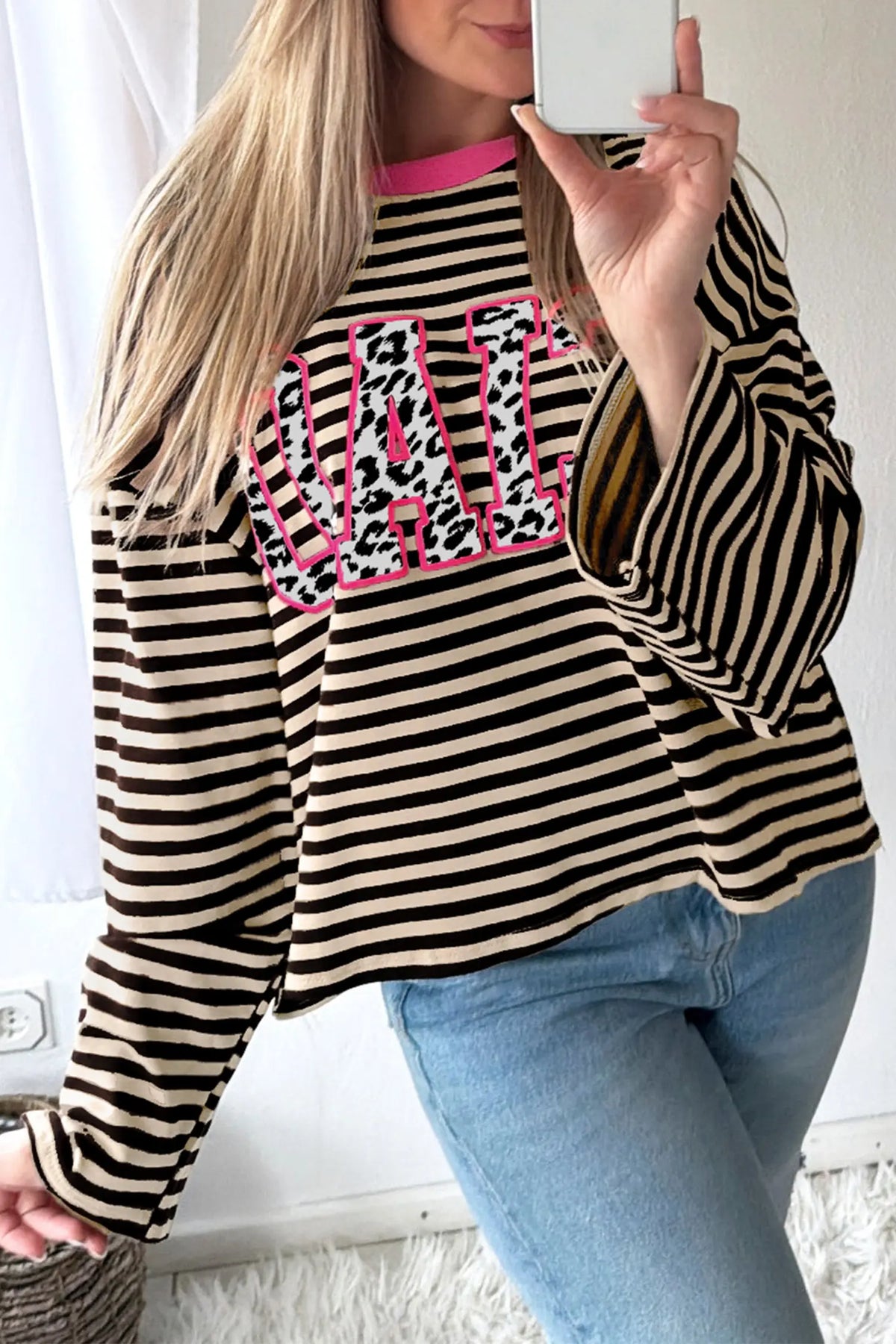 Long Sleeve Shift Top with Stripe and Graphic Lettering