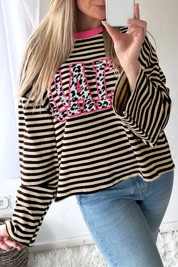 Long Sleeve Shift Top with Stripe and Graphic Lettering