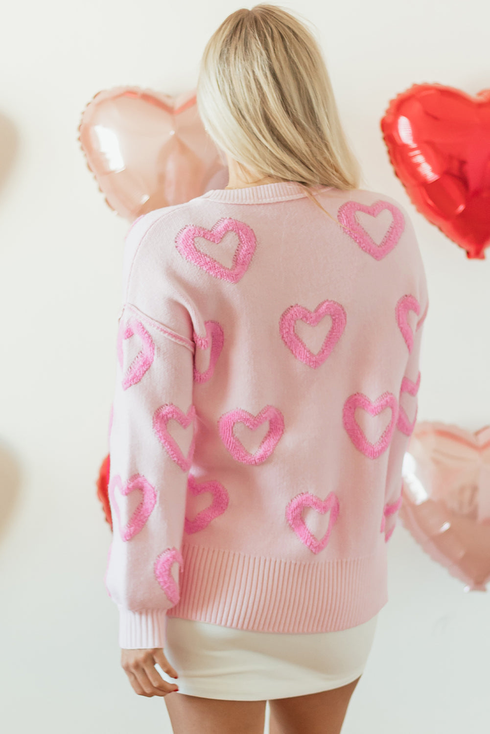 Pink Heart Shape Bubble Sleeve Baggy Sweater eAura