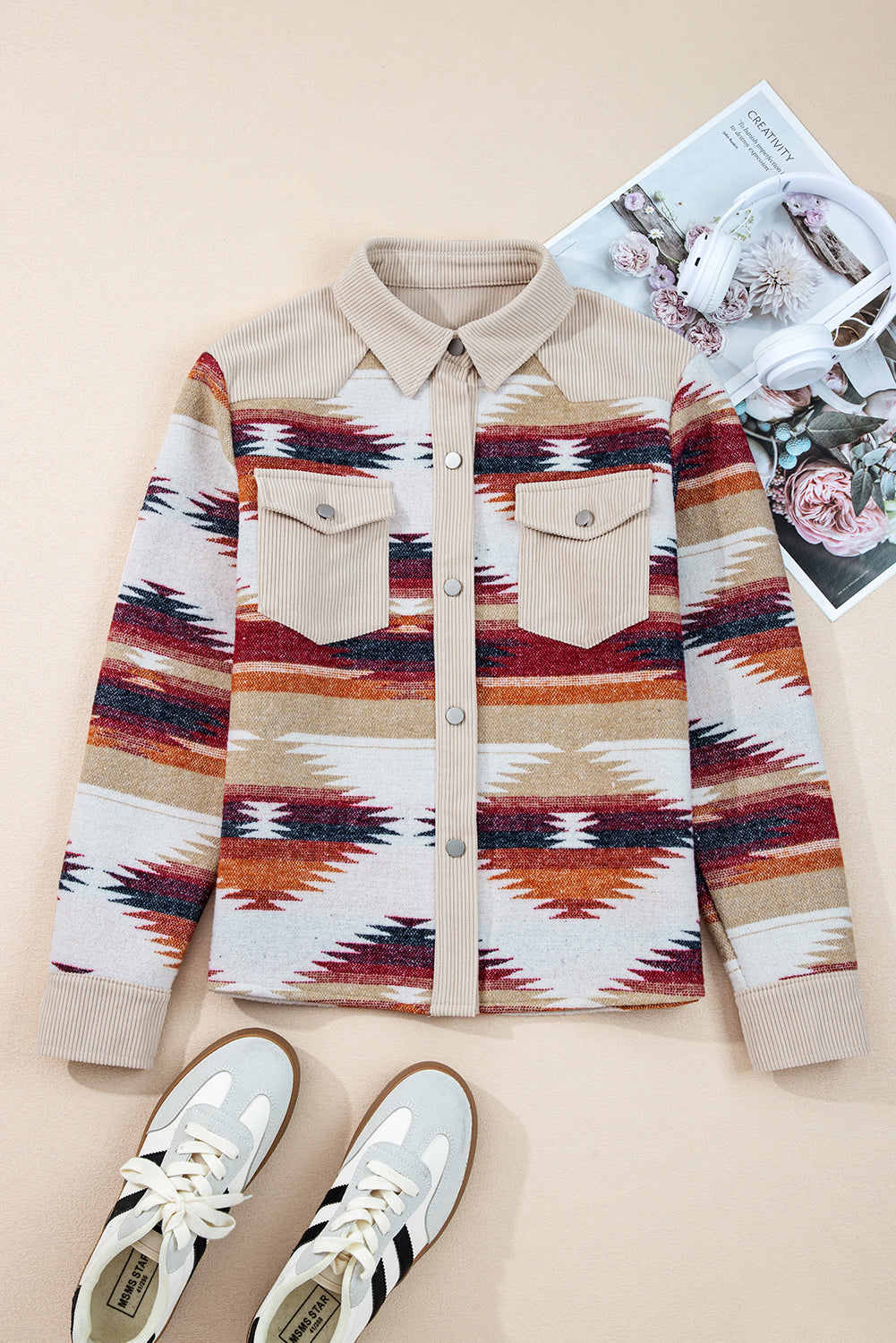 Western Aztec Ribbed Patchwork Double Flap Pocket Raw Hem Shacket eAura