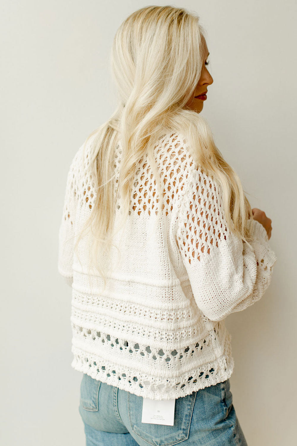 White Solid Colour Pointelle Knit Puff Sleeve Sweater eAura