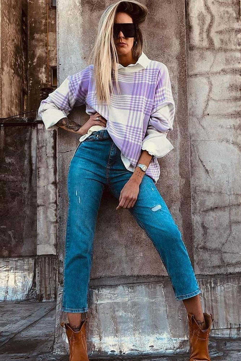 Lilac Plaid Print Ribbed Trim Loose Sweater eAura