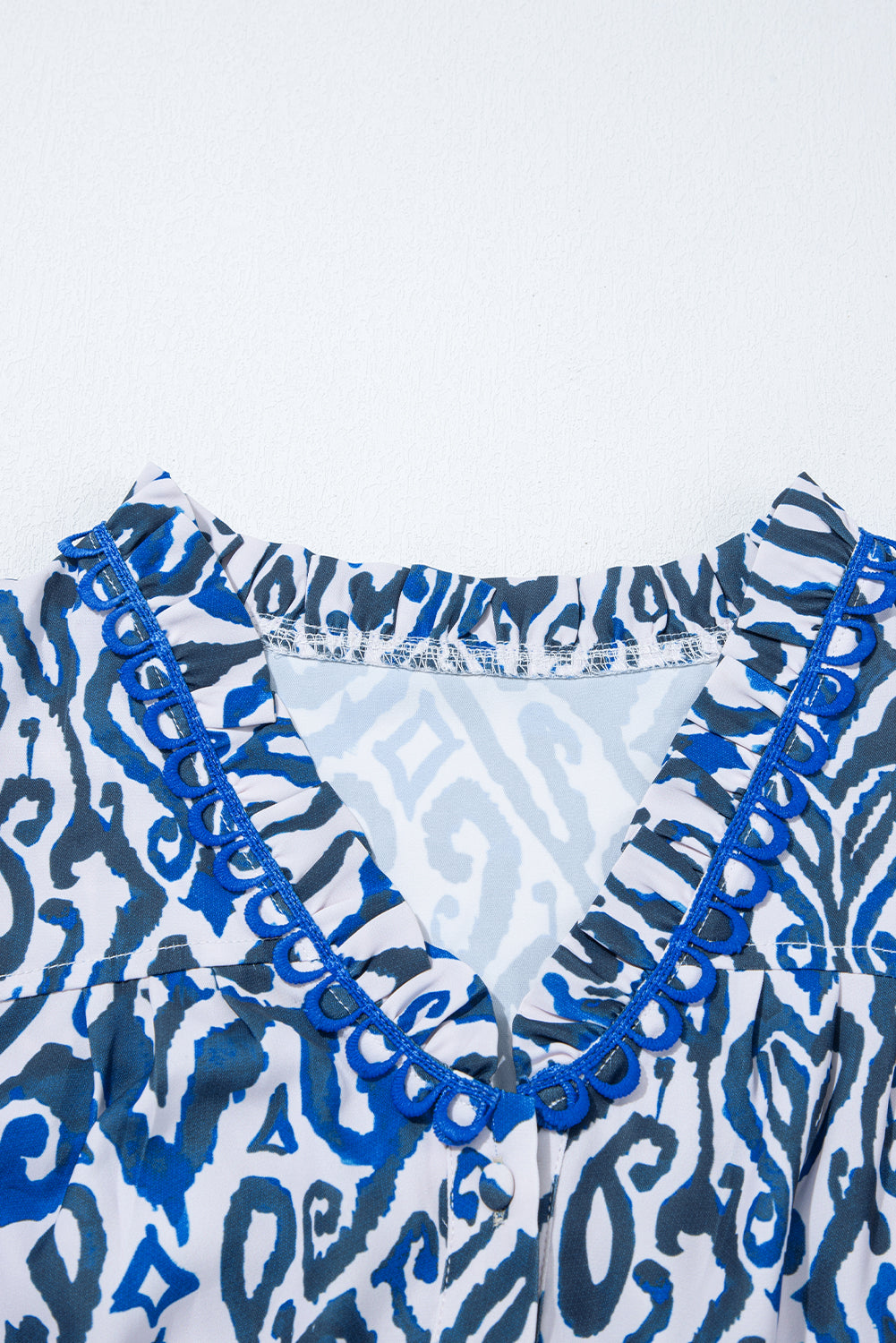 Blue Bohemian Print Embroidered V-Neck Long Sleeve Blouse - eAura