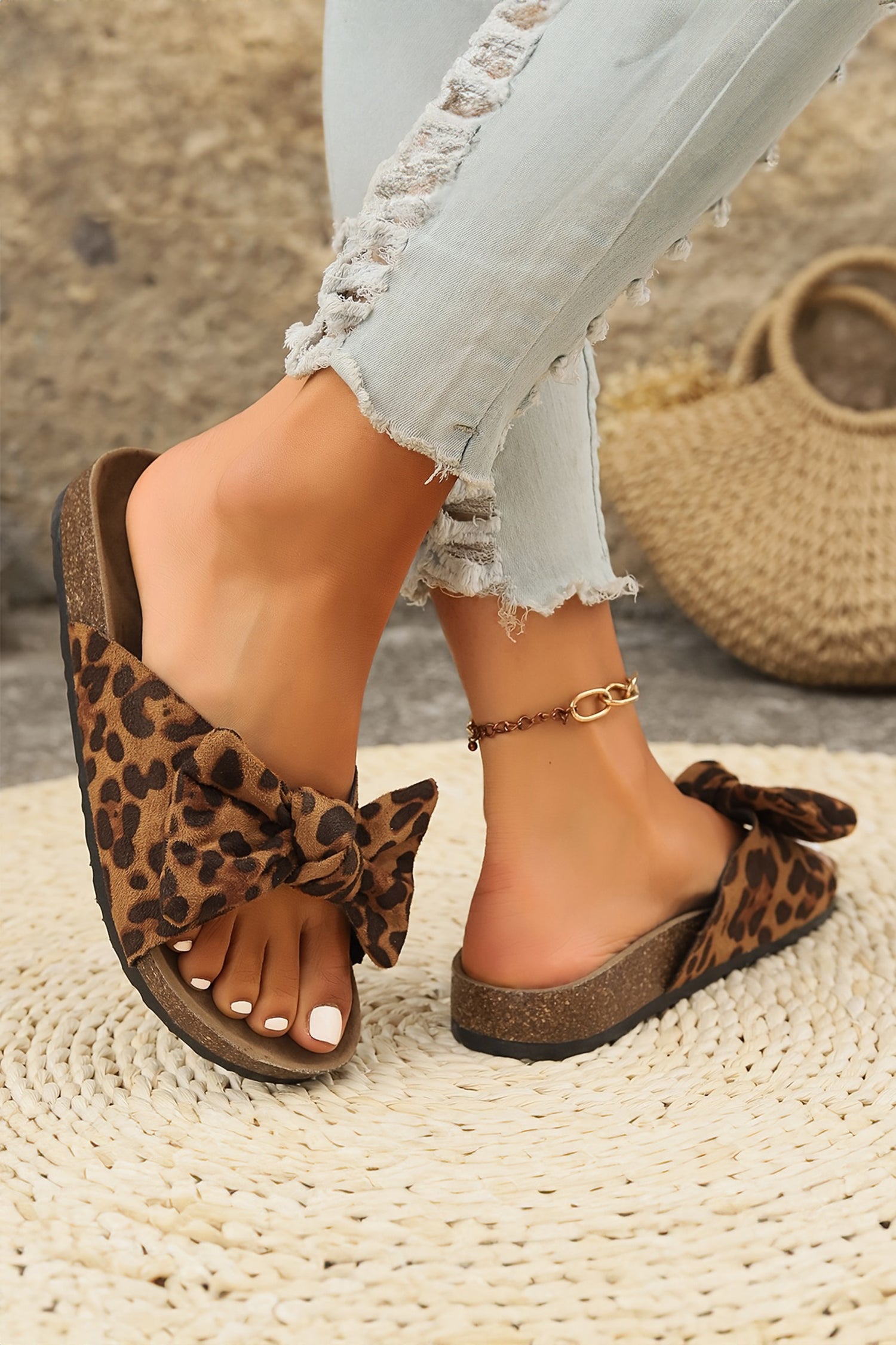 Coffee Leopard Bow Retro Cork Sandals