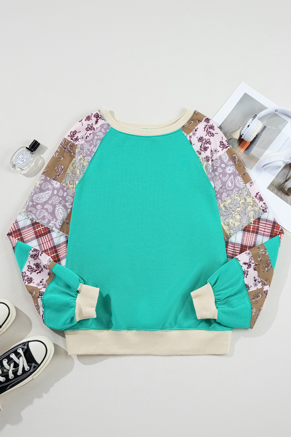Aruba Blue Plaid Vintage Paisley Patchwork Long Sleeve Raglan Top eAura
