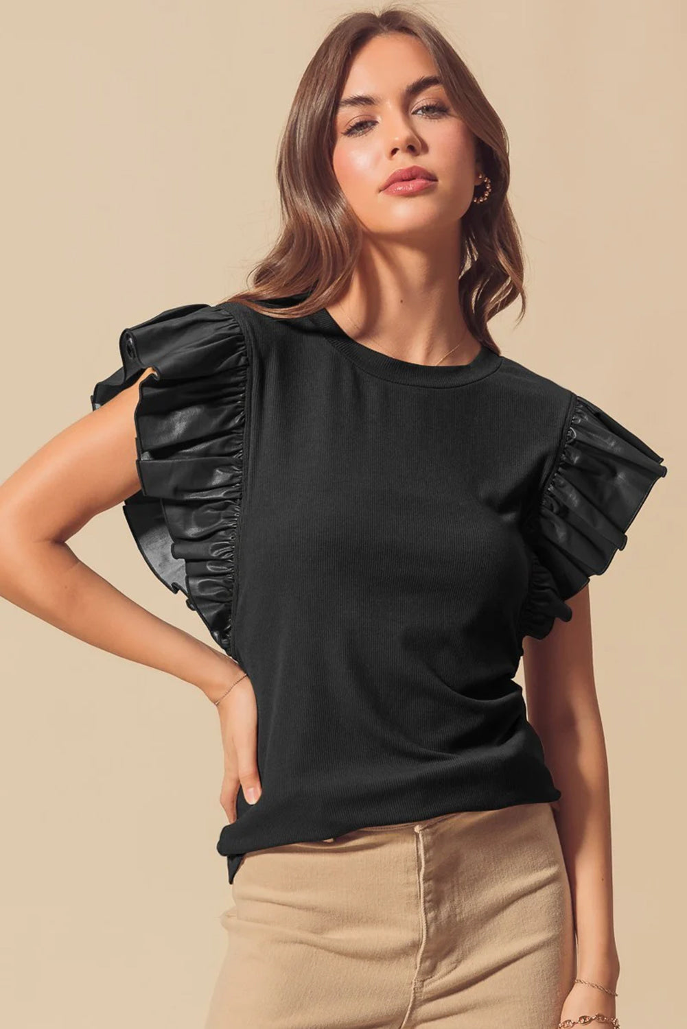 Black Leather Ruffle Sleeve Patchwork Round Neck Blouse eAura