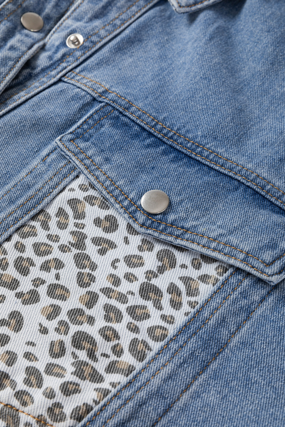 Beau Blue Leopard Patchwork Flap Detail Plus Size Denim Jacket Beagle Boutique Fashion Outlet