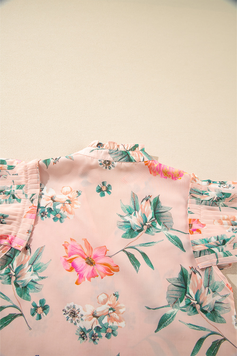 Pink Floral Print Frilled V Neck Pleated Sleeve Blouse eAura