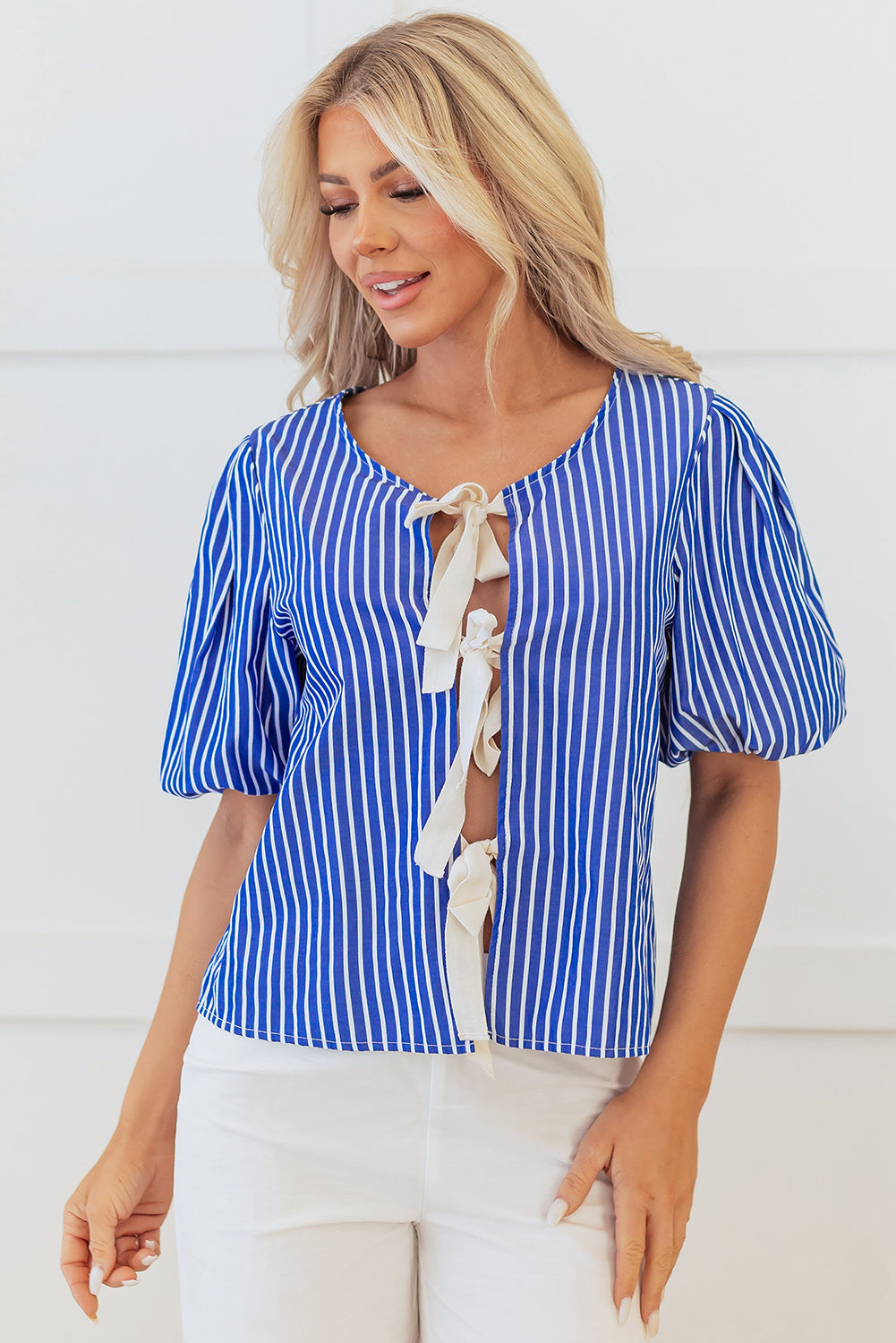Blue Stripe Tied Front Puff Short Sleeve Blouse eAura