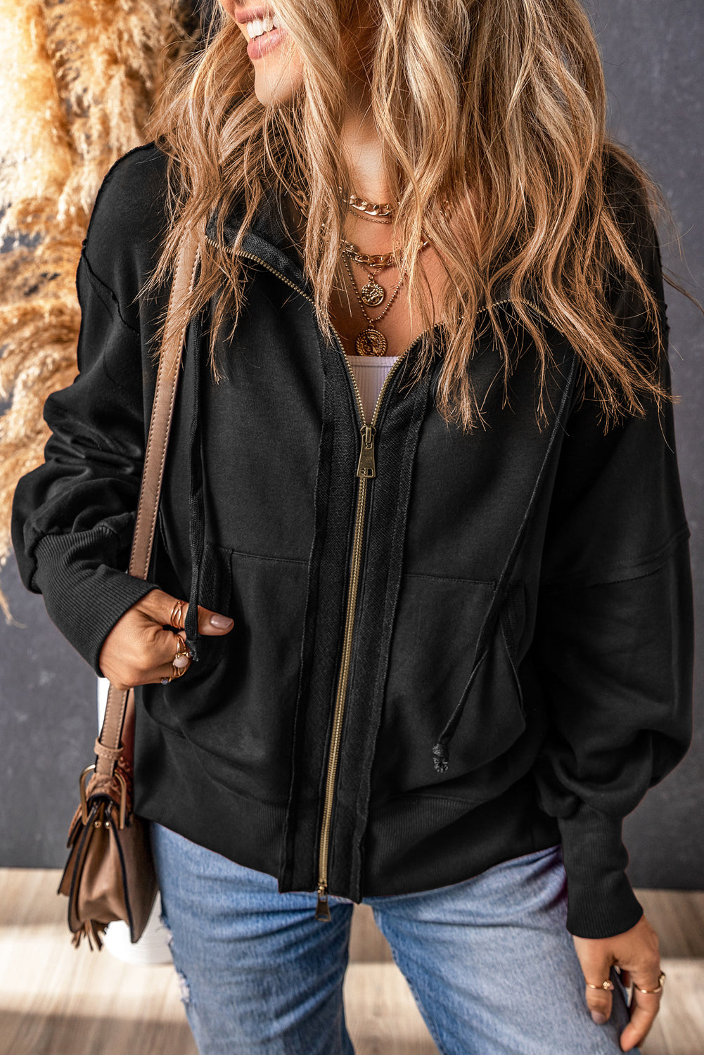 Raw Edge Exposed Seam Full Zip Hoodie eAura