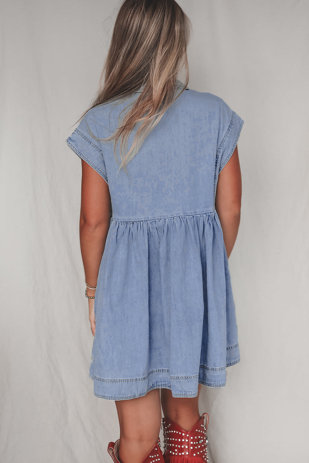 Beau Blue Lapel Neck Cap Sleeve High Waist Denim Babydoll Dress eAura