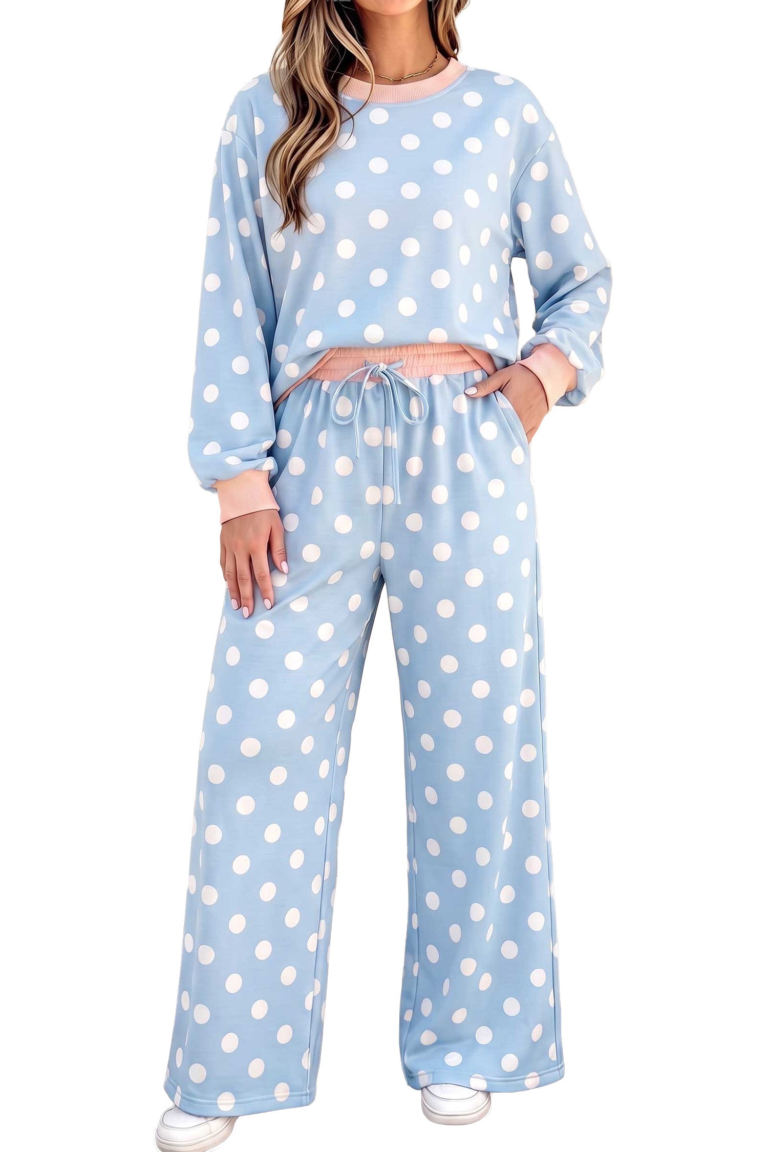 Polka Dot Contrast Trim Long Sleeve Top Drawstring Shift Pants Set – Pink