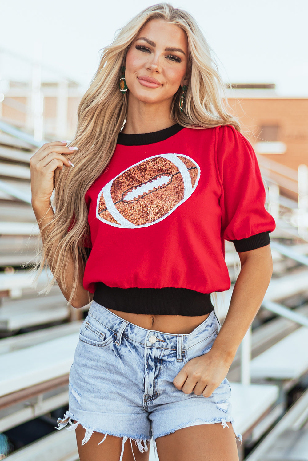 Red Sequin Rugby Colour Block Puff Short Sleeve Sweater eAura