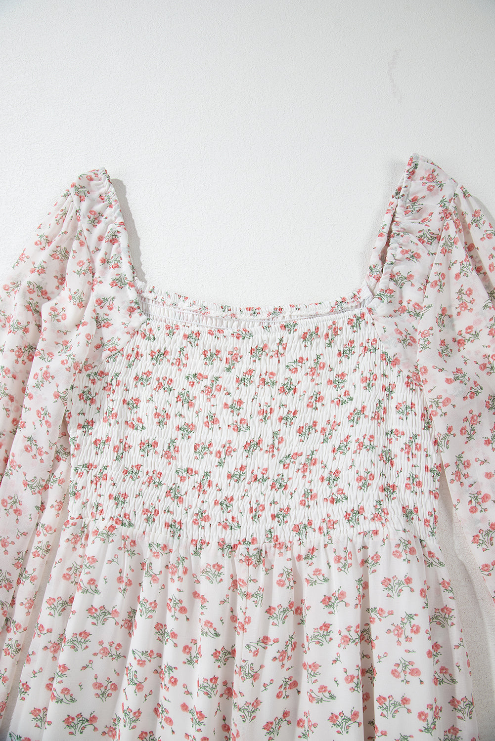 White Floral Print Shirred Ruffled Hem Square Neck Midi Dress eAura