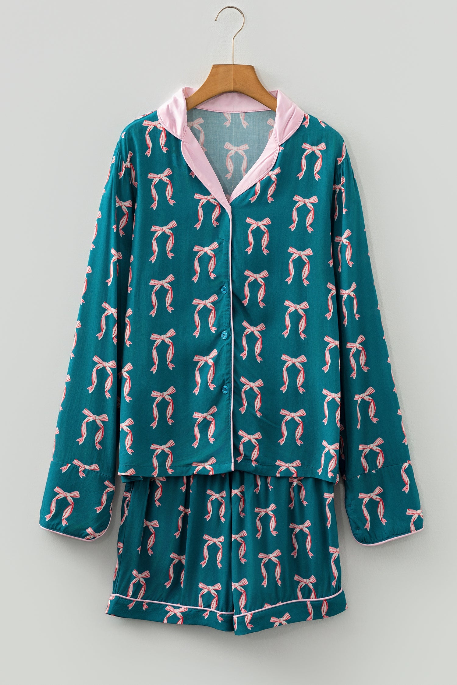 Green Ribbon Bow Print Long Sleeve Shirt and Shorts Pyjama Set - Loungewear & Sleepwear/Sleepwear
