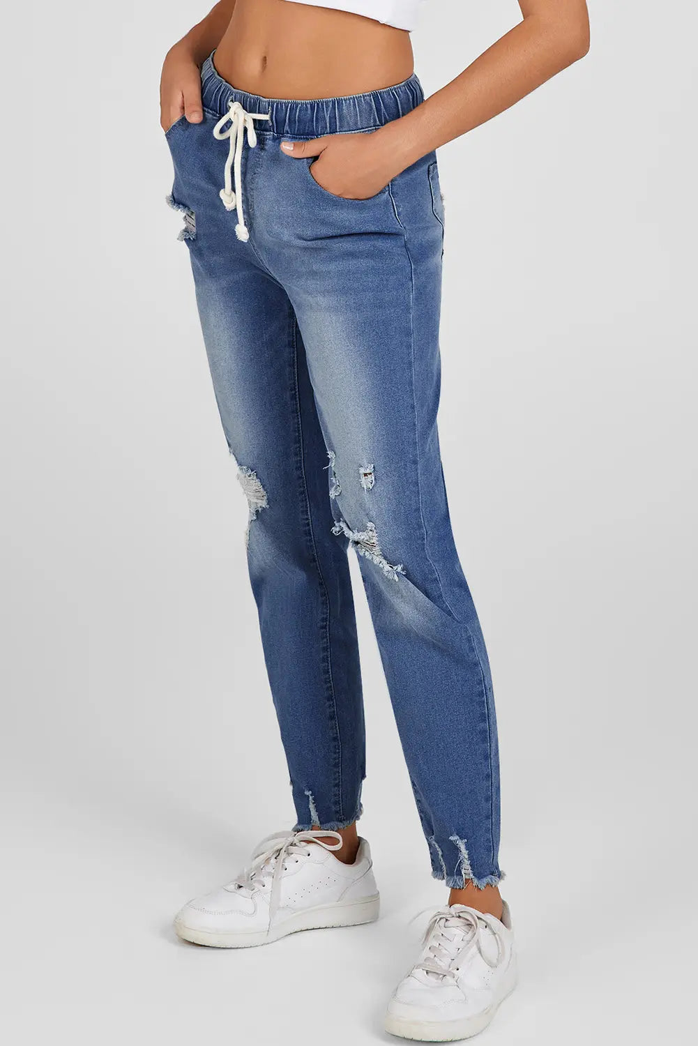 Elastic Waist Straight Leg Destroyed Raw Hem Jeans – Dark Blue