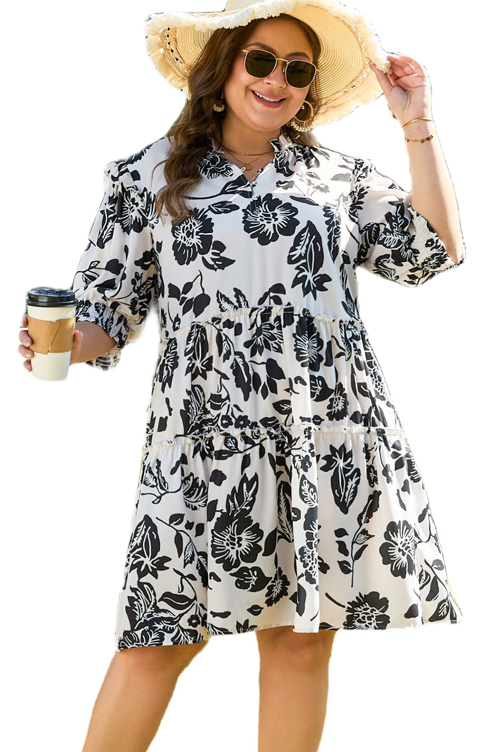 Black Floral Print Tiered Frilled Half Sleeve Plus Size Mini Dress BB Fashion Outlet