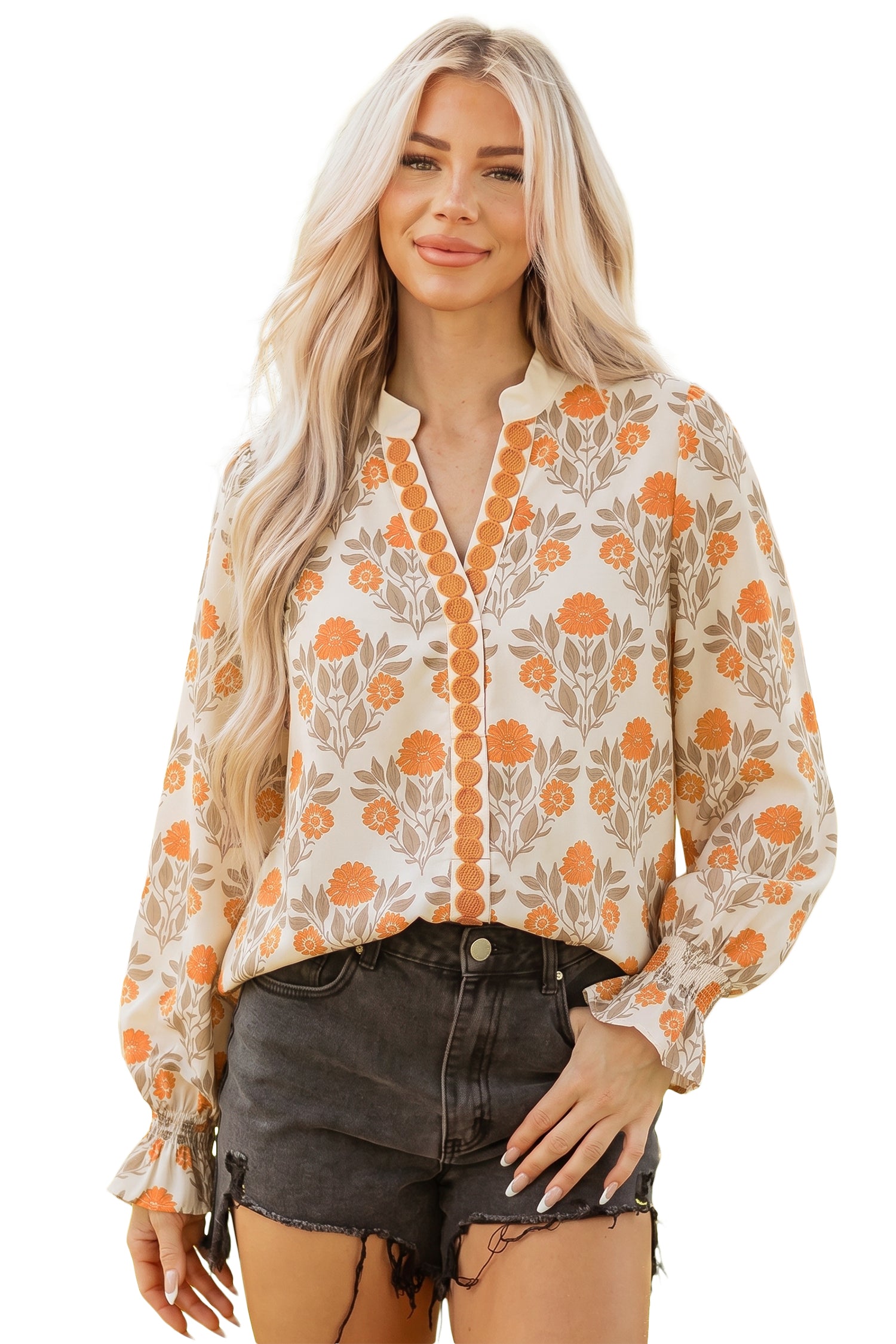 Floral Print Contrast Detail V Neck Long Sleeve Blouse – Orange