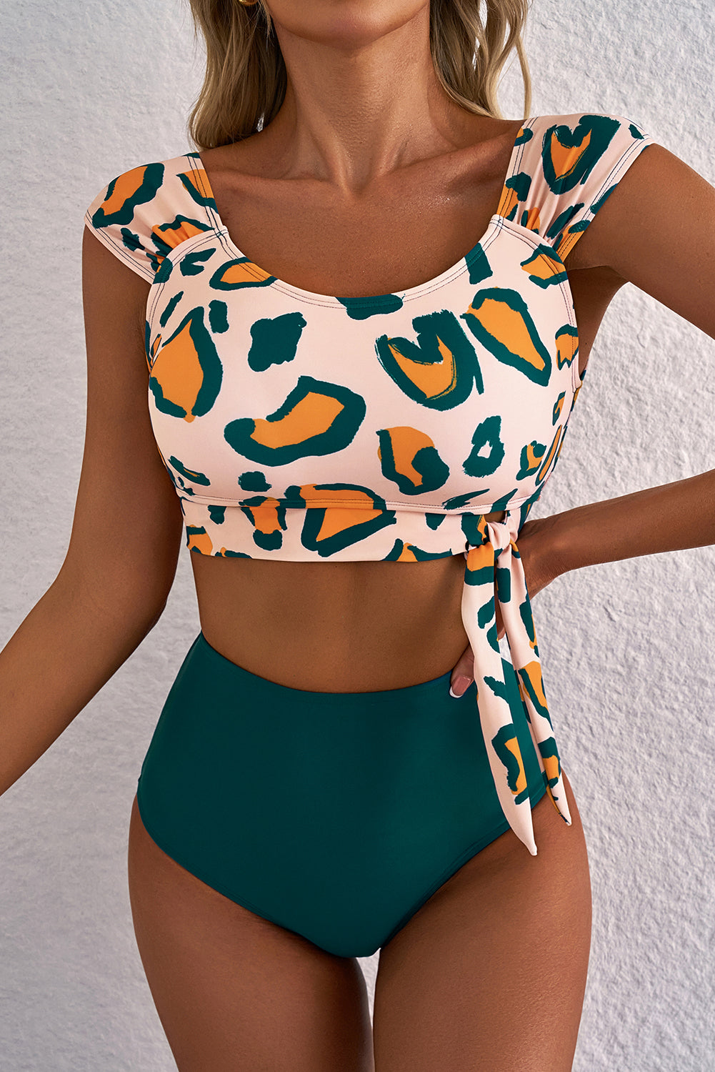Green Leopard Print U Neck Knotted High Waist Bikini Set eAura