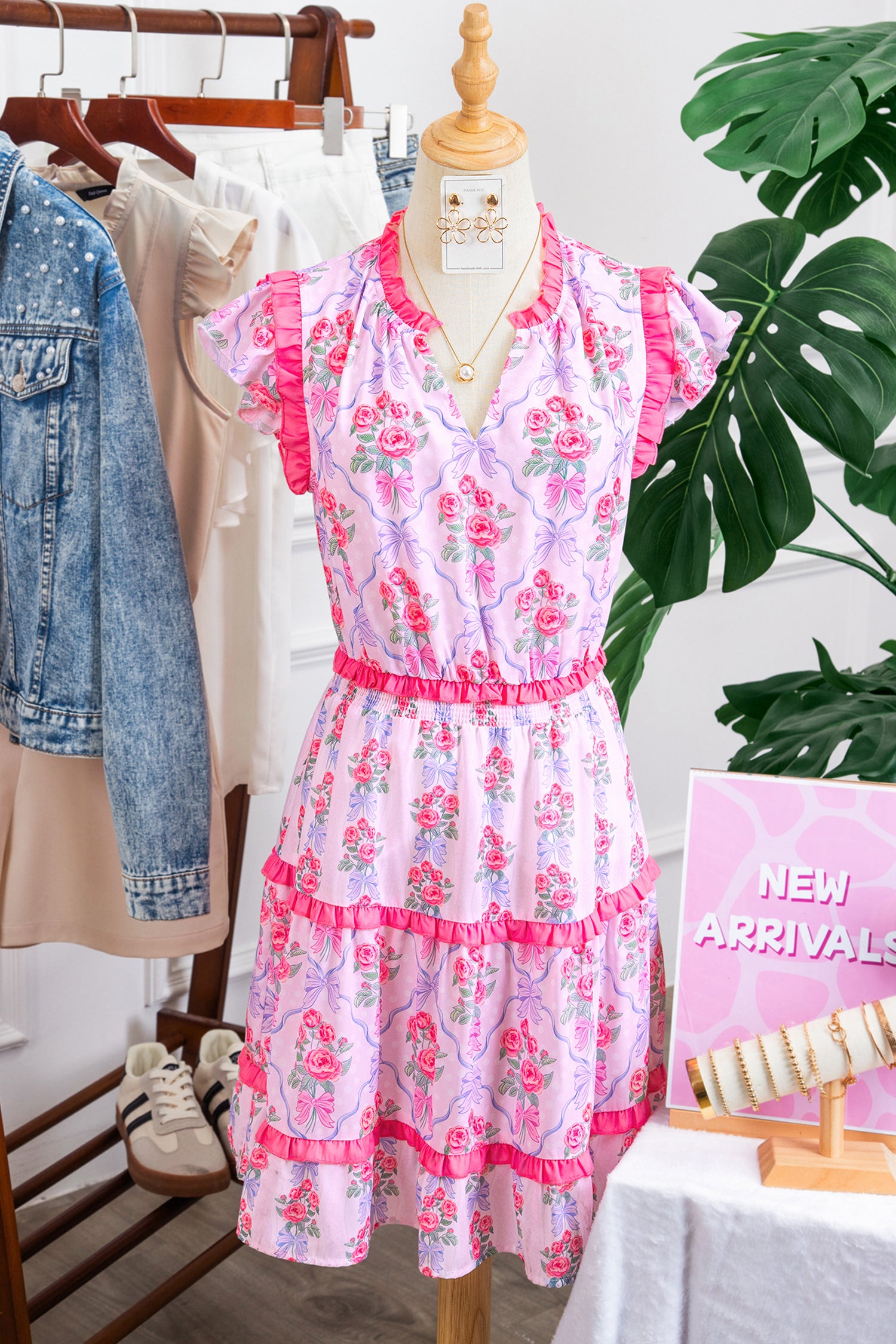 Tiered Ruffle Floral Print Shirred Waist Sleeveless Mini Dress