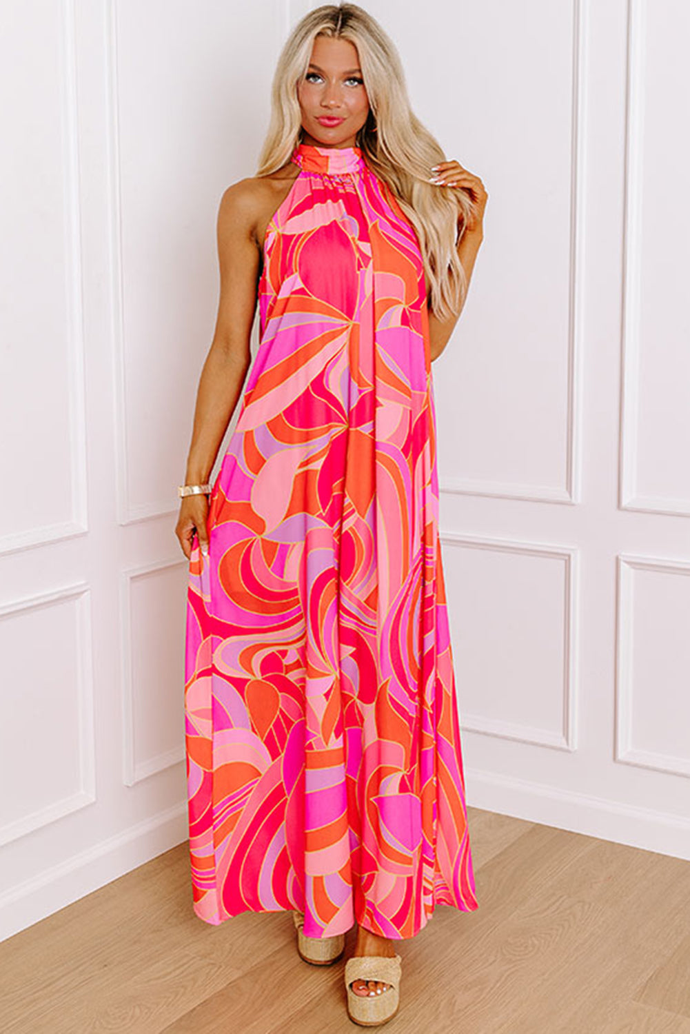 Rose Abstract Printed High Neck Knotted Nape Sleeveless Maxi Dress eAura