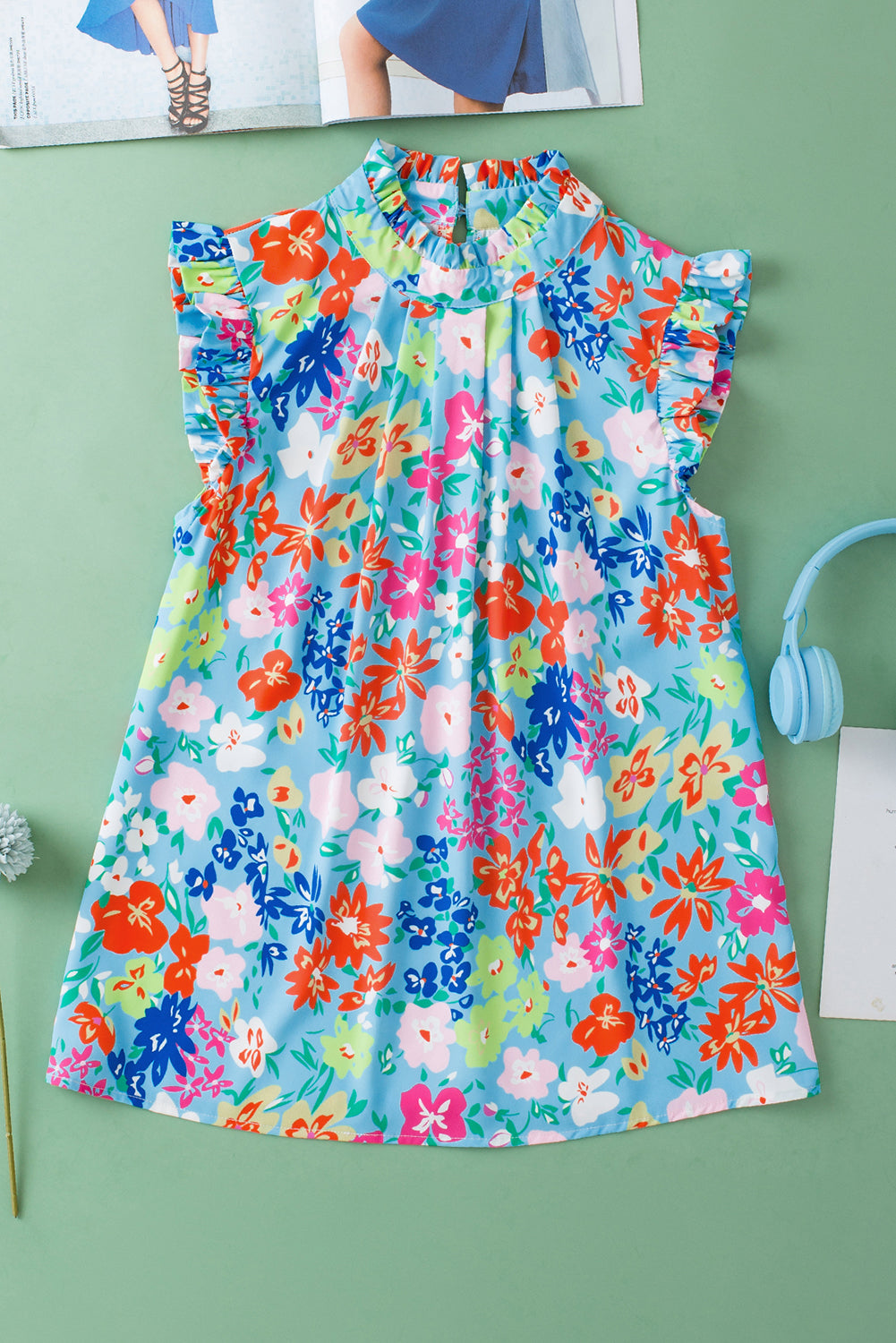 Sky Blue Frilled Collar Floral Vest eAura