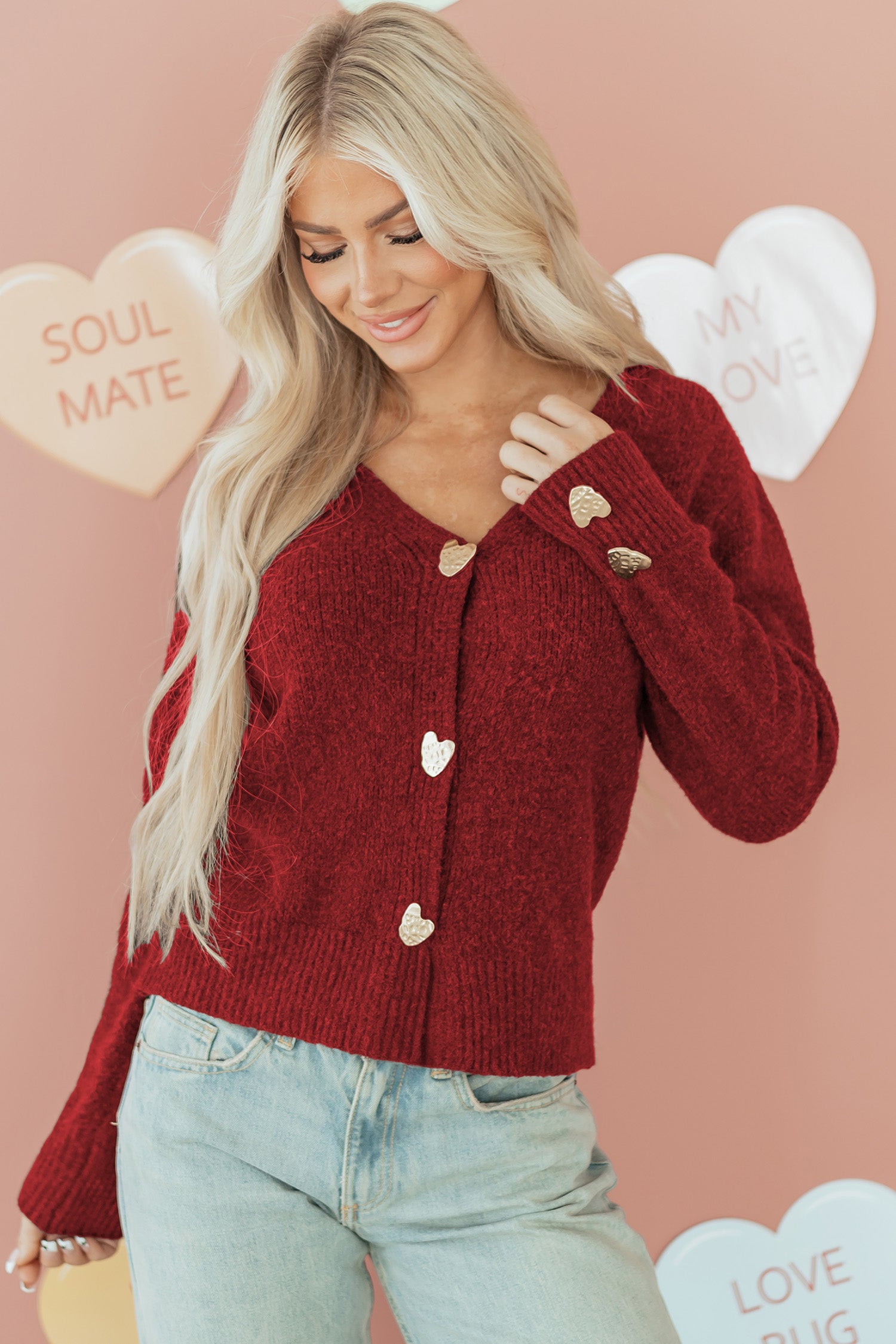 Heart Metal Button V-Neck Cardigan