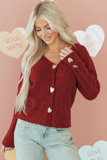 Heart Metal Button V-Neck Cardigan