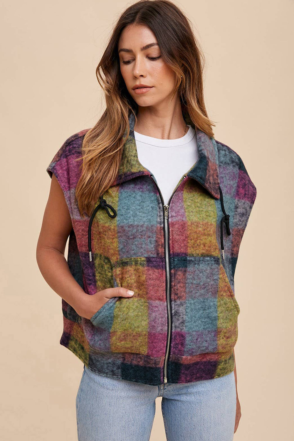 Multicolour Plaid Print Loose Sleeveless Jacket eAura