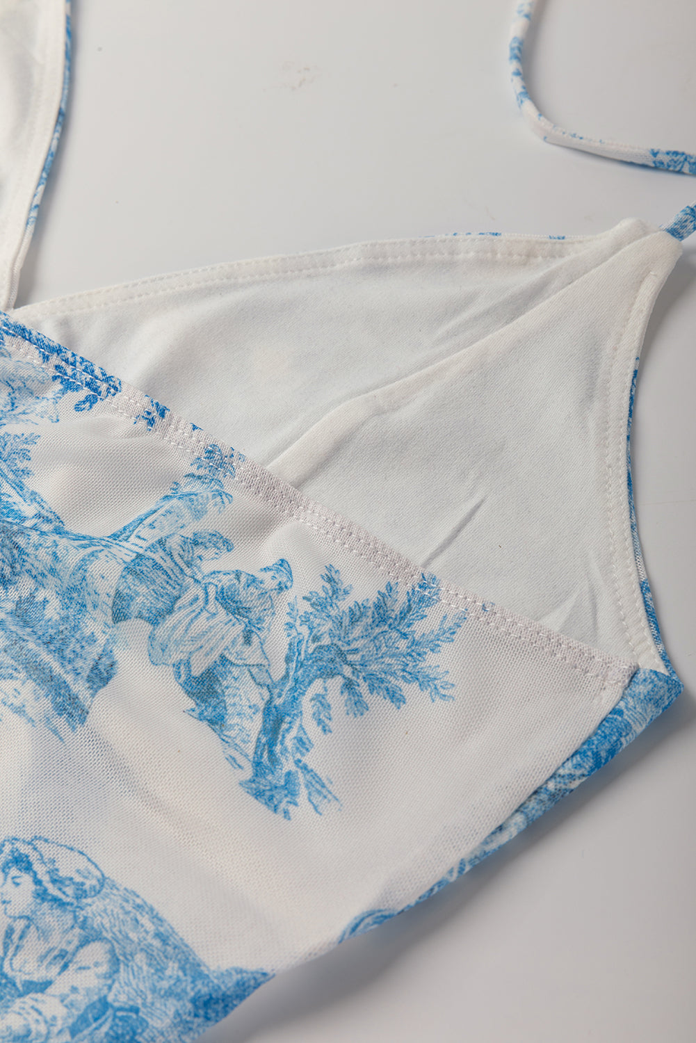 Sky Blue Random Printed Mesh Bow Detail Halterneck Cami Top eAura