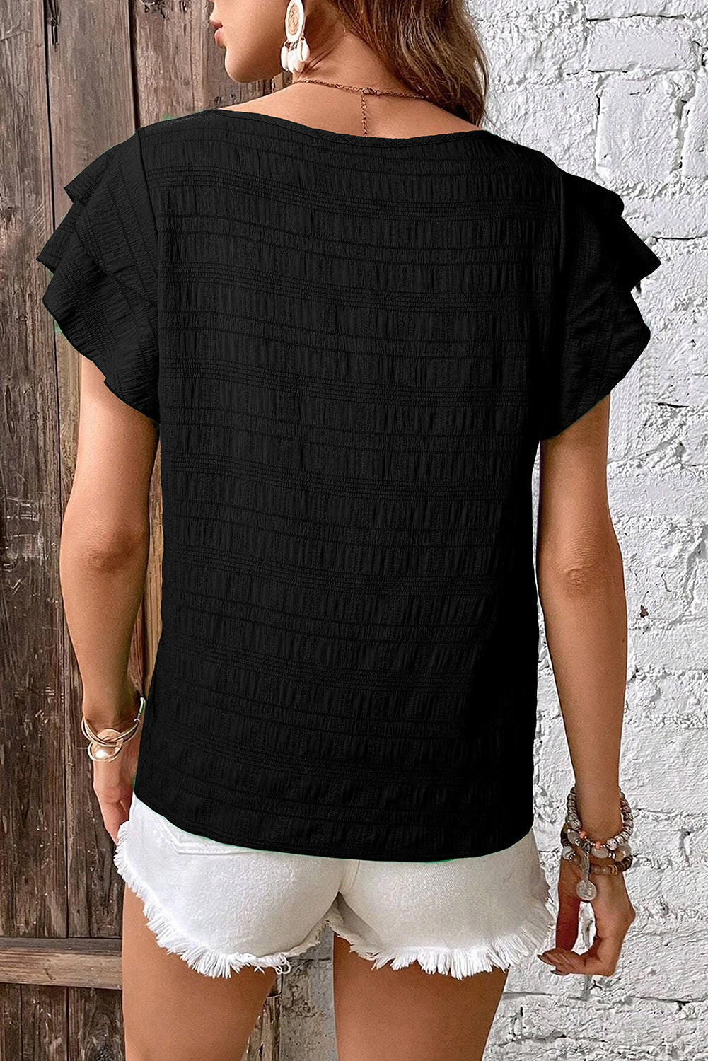 Black Textured Ruffled Sleeve Round Neck Top eAura