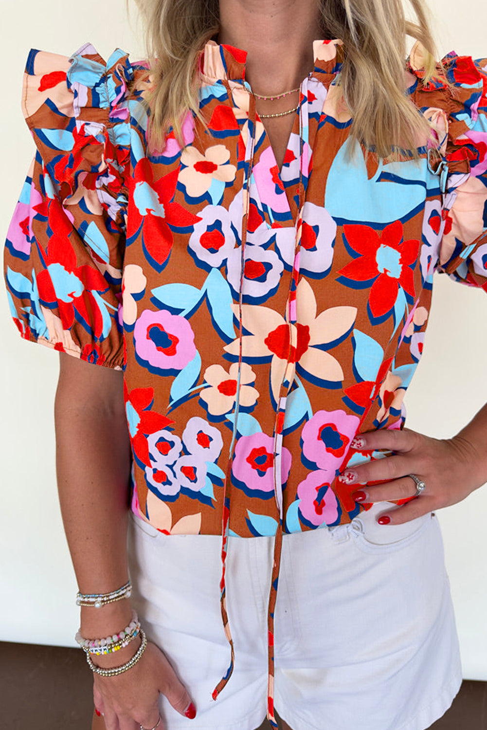 Brown Flower Print Self Tie Frilled Collar Puff Sleeve Blouse eAura