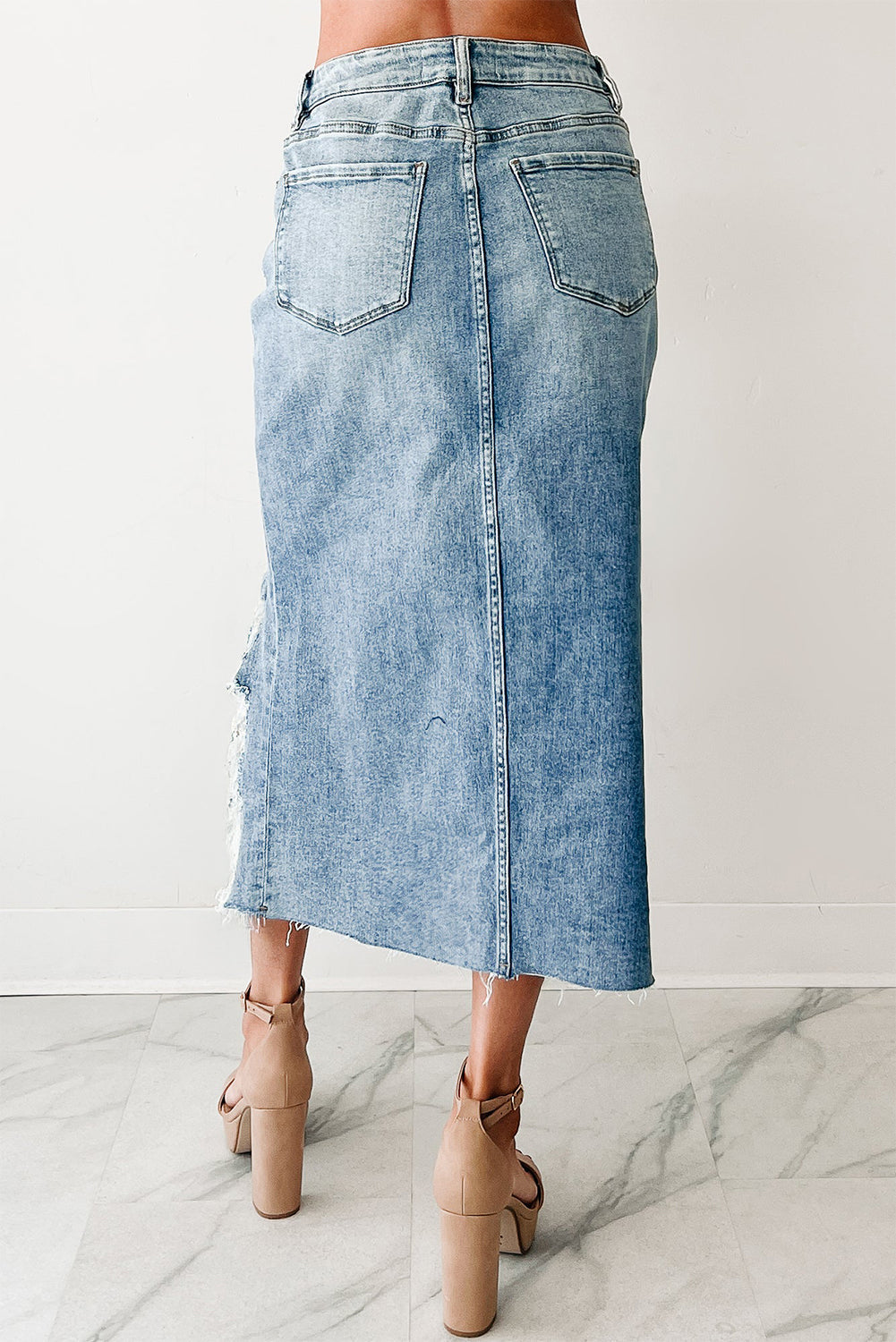 Irregular Distressed Bottom Denim Midi Skirt - eAura