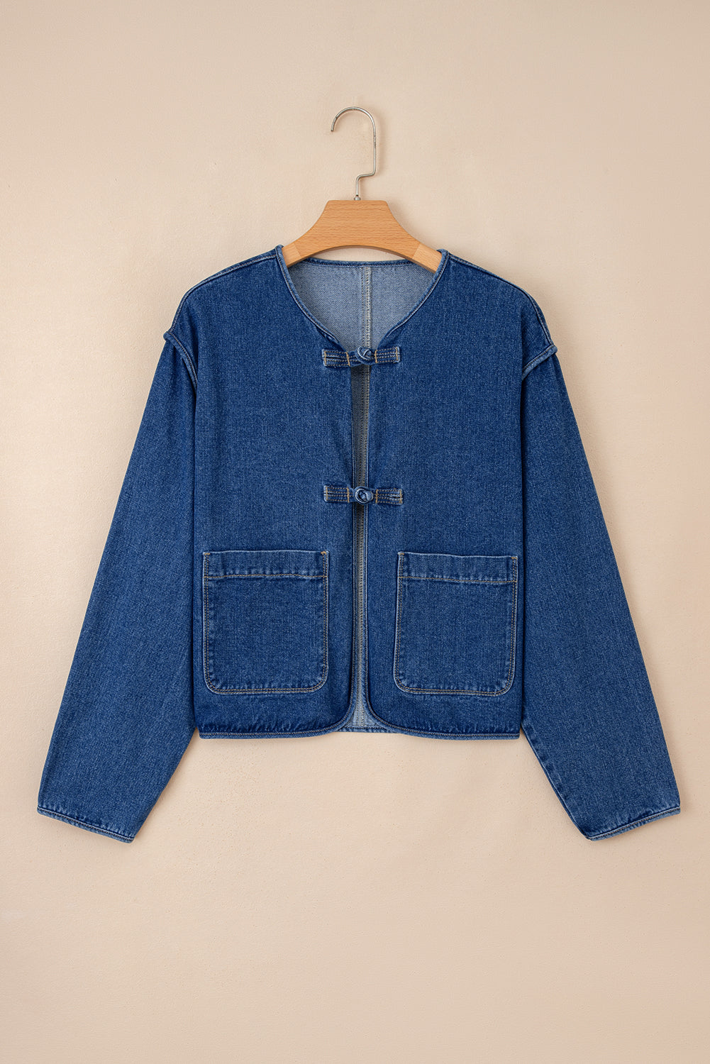 Blue Fastening Big Patched Pockets Straight Cut Deep Wash Denim Jacket - eAura