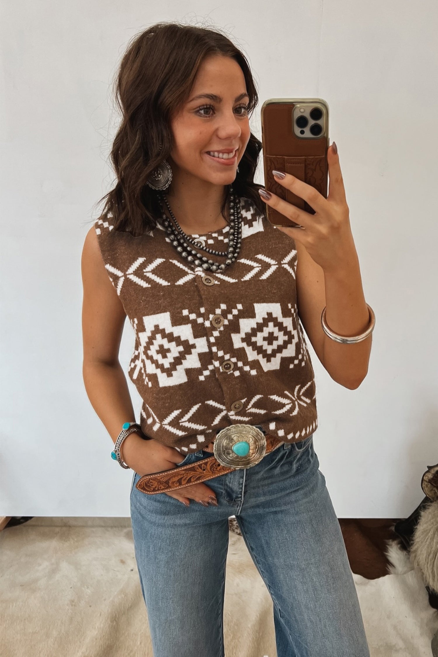 Brown Aztec Button Square Neck Sweater Vest