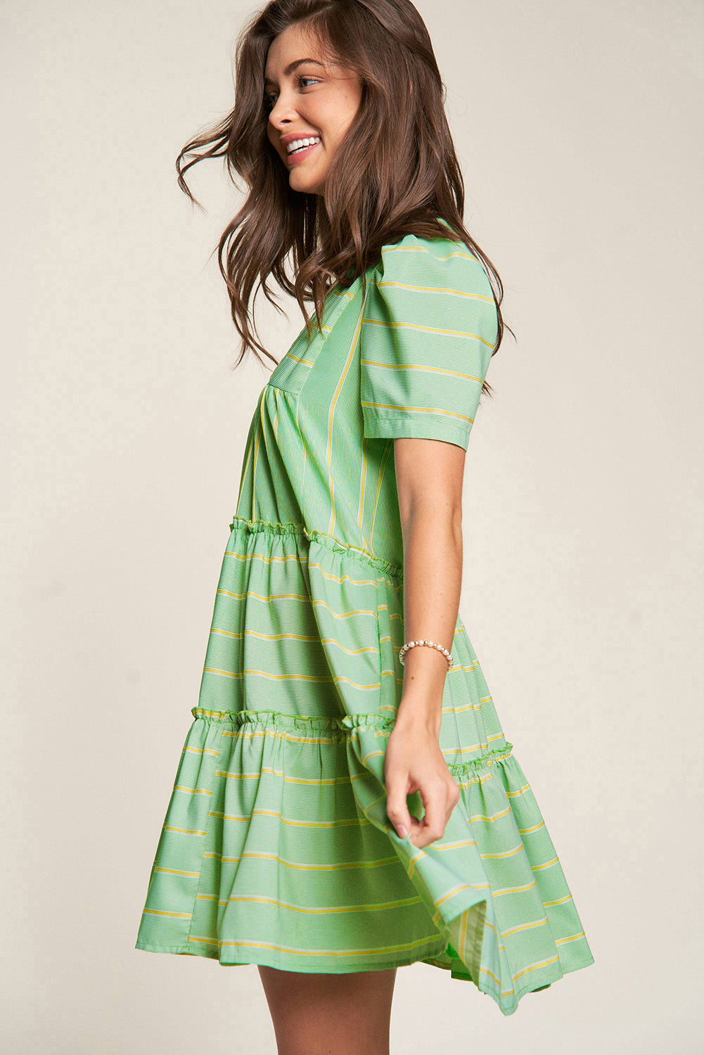 Green Stripe V-Neck Short Sleeve Frilled Detail A-line Dress eAura