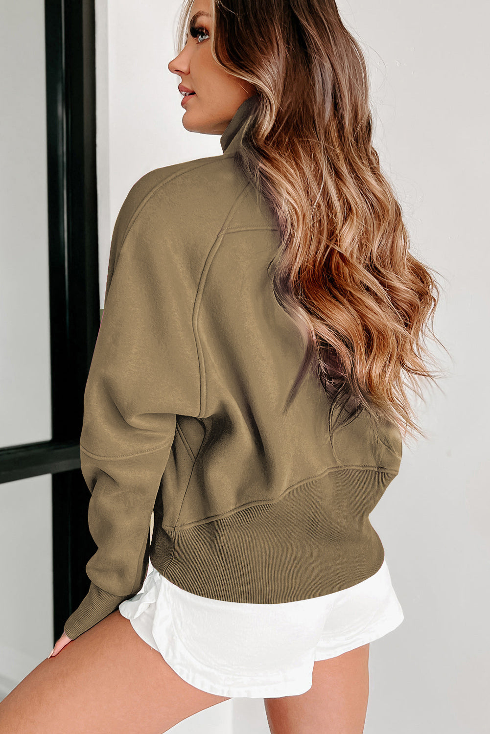 Phalaenopsis Fleece Lined Zip Up Stand Collar Thumbhole Sleeve Sweatshirt eAura