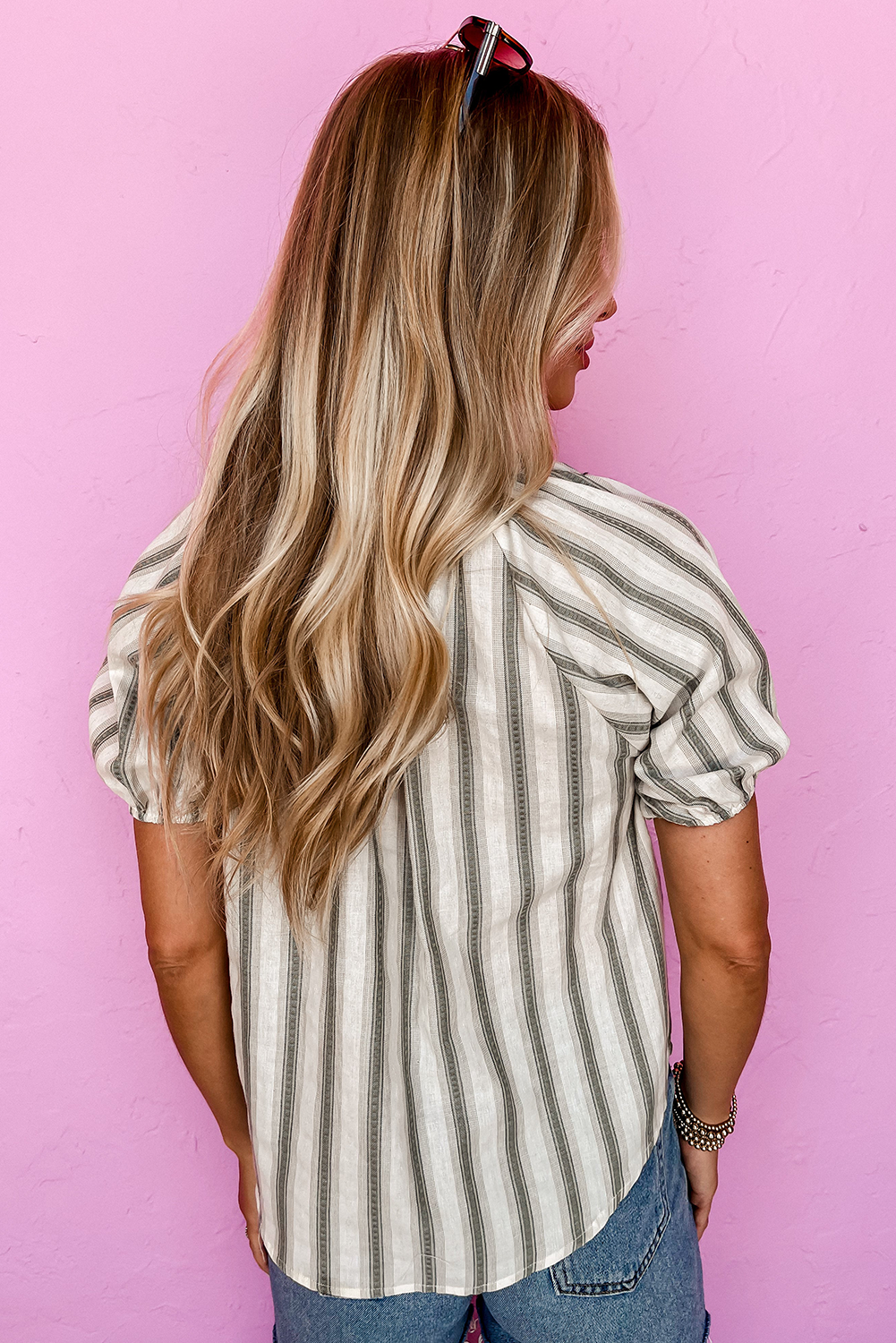 Grey Stripe Frilled Tie Neck Short Sleeve Blouse eAura