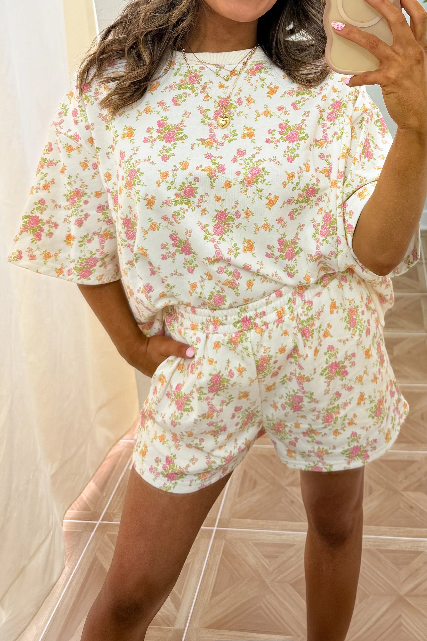 Floral Print Short Sleeve Elastic Waist Pocket Two Piece Set – Sky Blue
