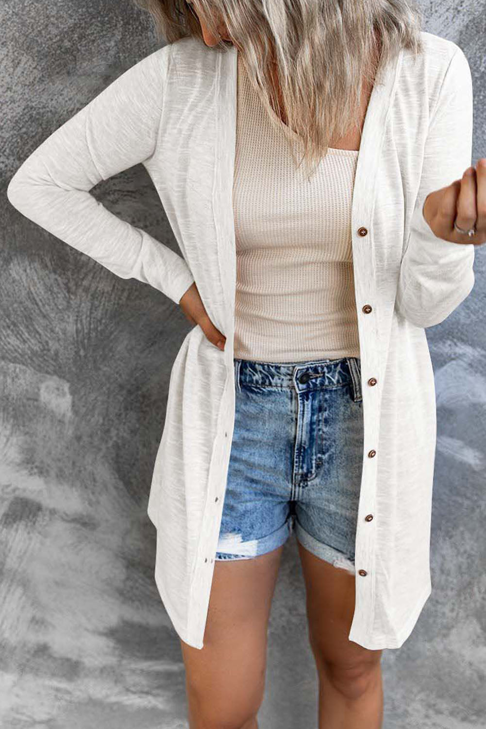 White Solid Colour Open-Front Buttons Cardigan eAura