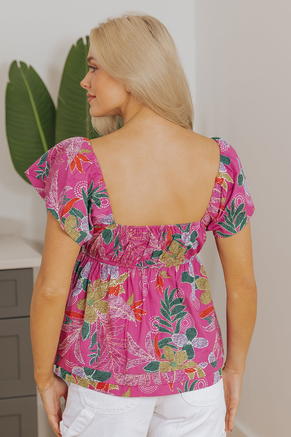 Purple Floral Print Sweetheart Neck Flutter Sleeve Blouse eAura