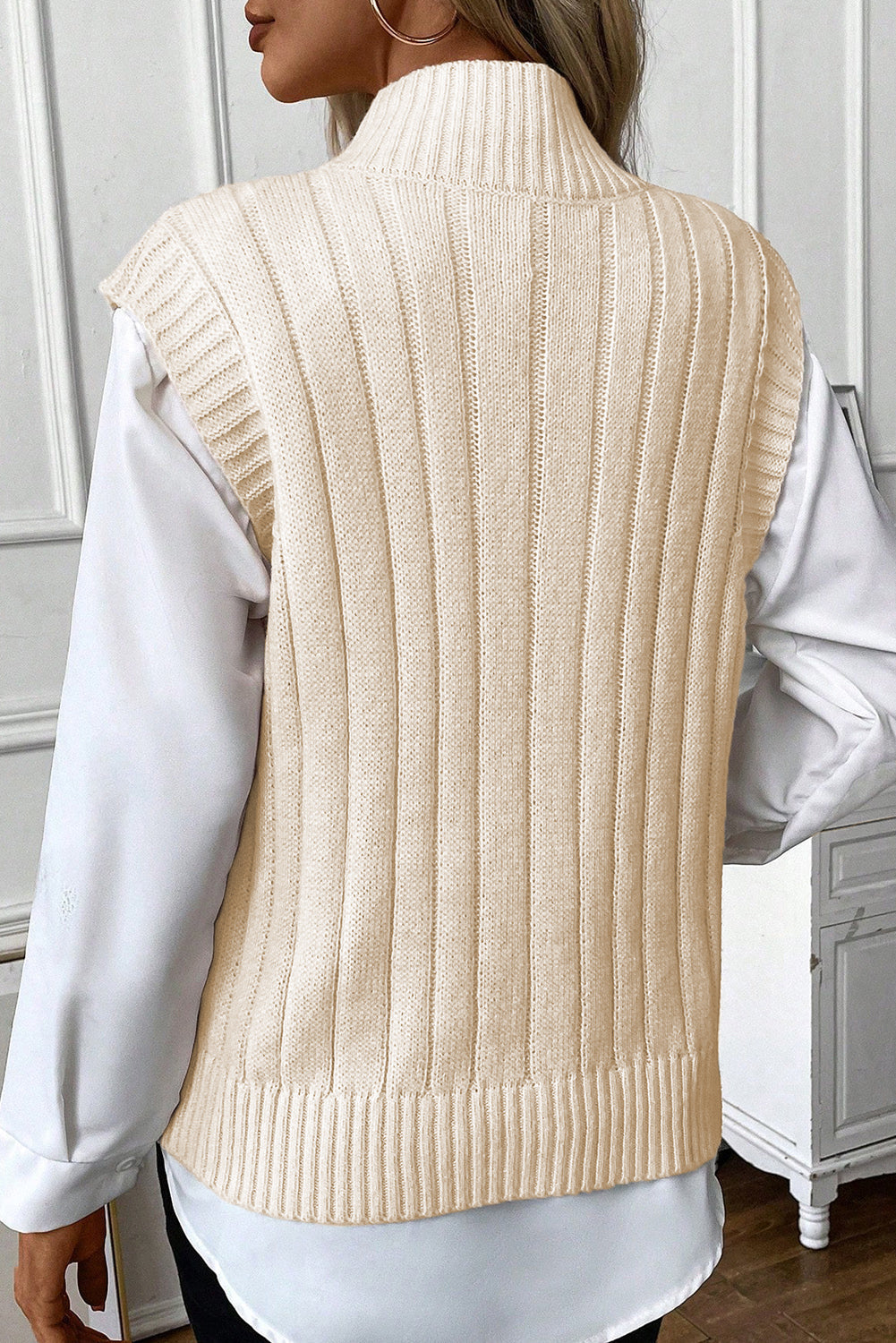 Oatmeal Cable Knit High Neck Sweater Vest eAura