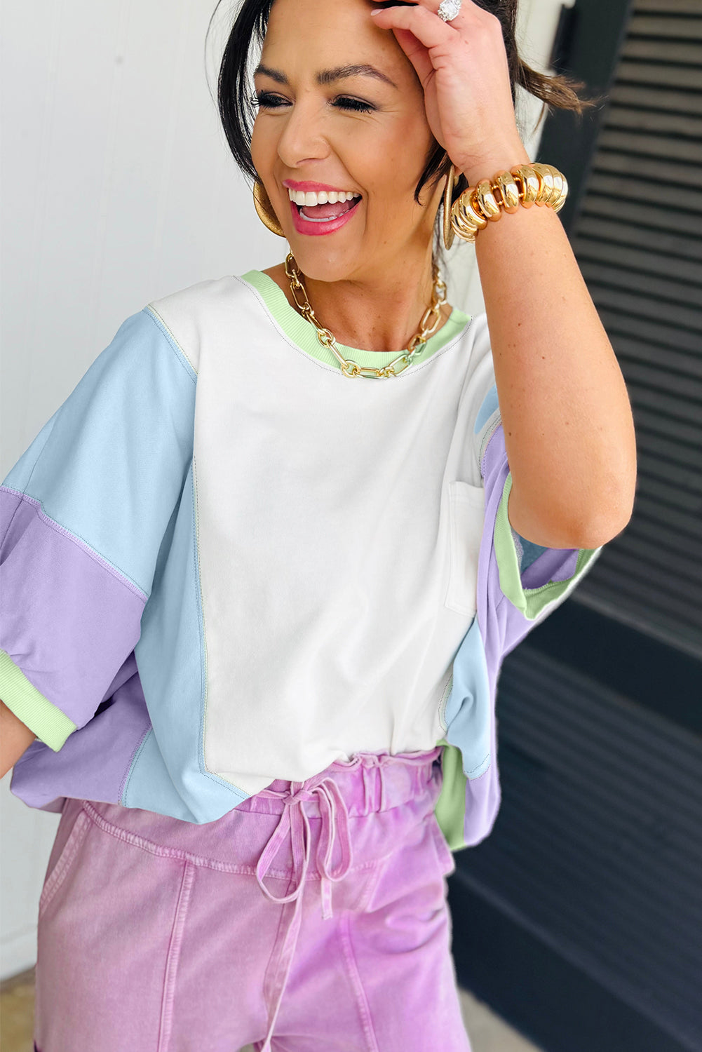 Purple Colour Block Patchwork Half Sleeve Oversized T Shirt eAura
