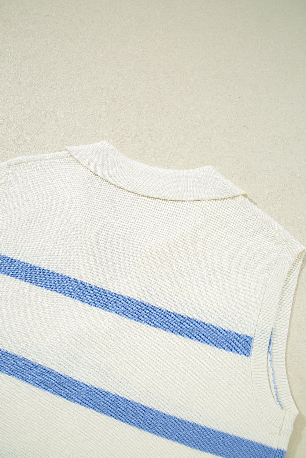 Blue Stripe Split V Neck Collared Ribbed Sleeveless Sweater eAura